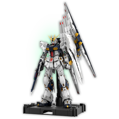 Bandai PGU Nu Gundam model kit assembled with detailed armor and weapon features, displayed on a plain background.