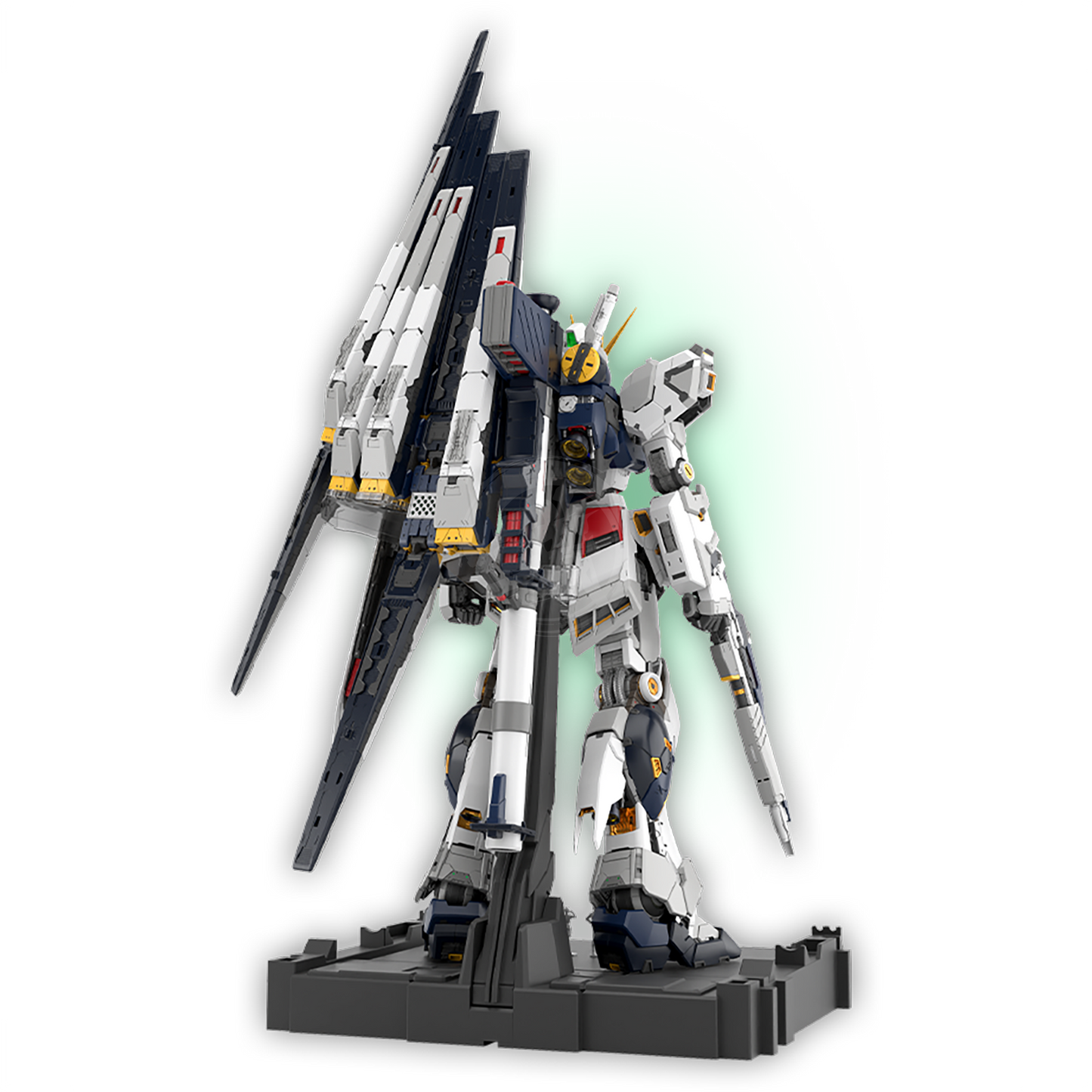 Bandai PGU Nu Gundam model kit displayed with detailed plastic parts and assembly components.