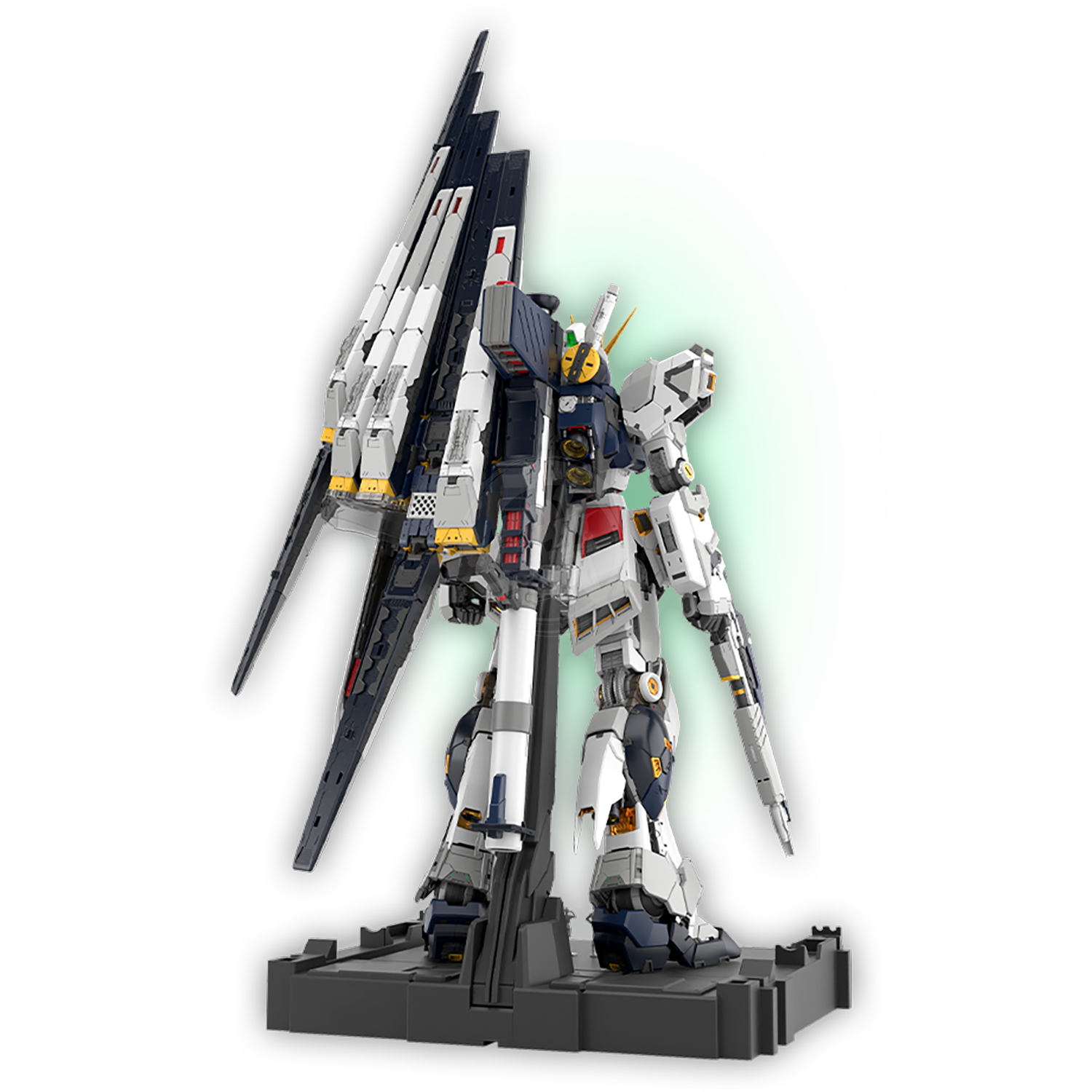 Bandai PGU Nu Gundam model kit displayed with detailed plastic parts and assembly components.