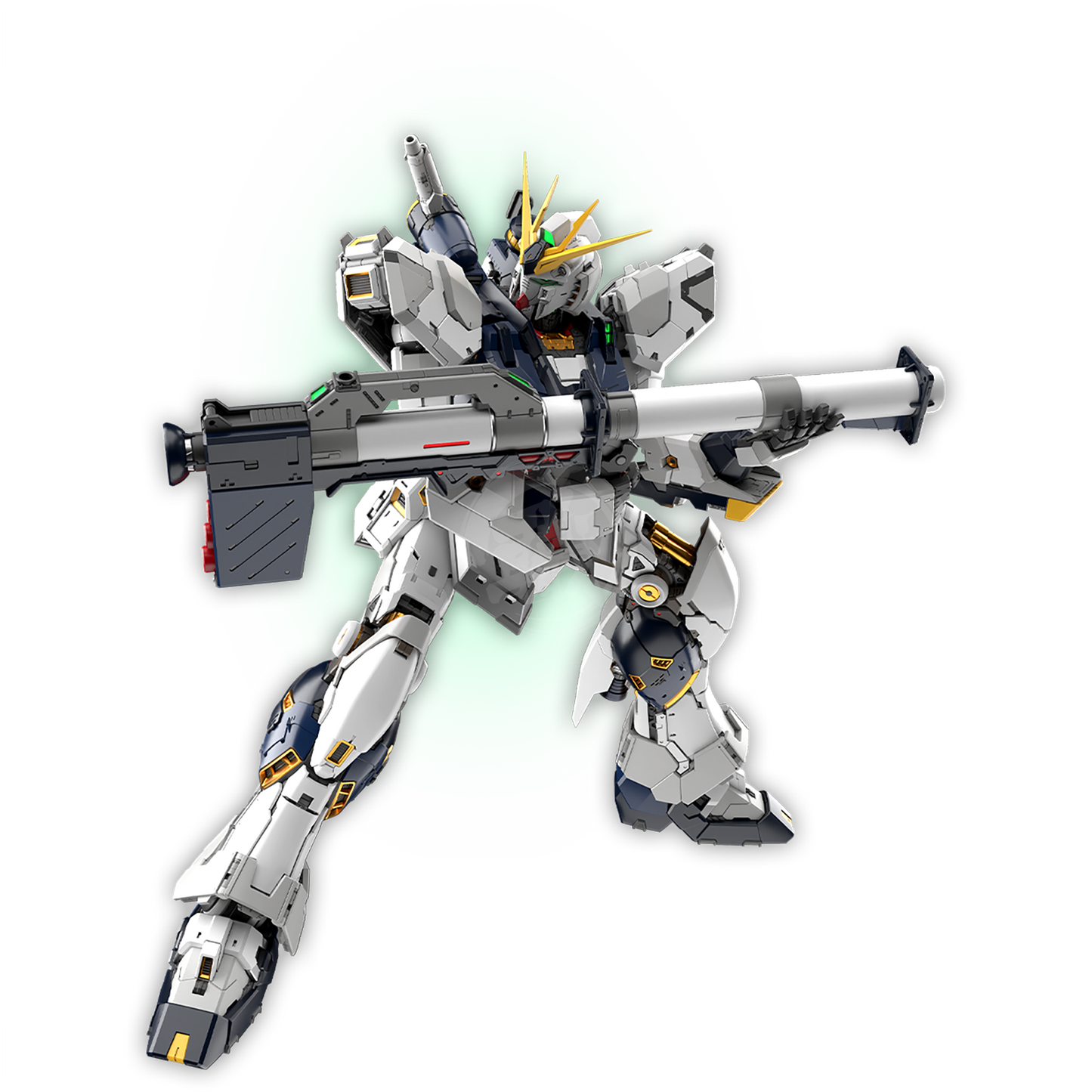 Bandai PGU Nu Gundam model kit with hyperBazooka, detailed plastic model displaying weapon and intricate design.
