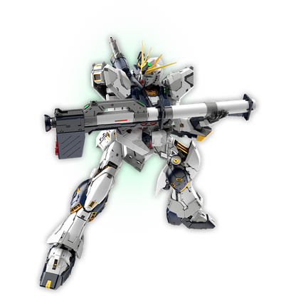 Bandai PGU Nu Gundam model kit with hyperBazooka, detailed plastic model displaying weapon and intricate design.