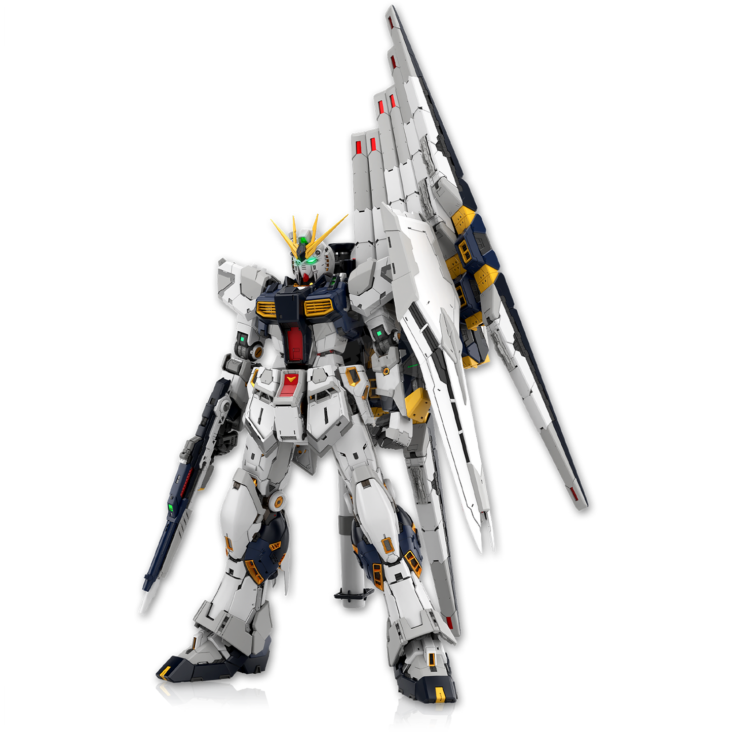 Front view of the Bandai PGU Nu Gundam model kit, showcasing its detailed design and vibrant color scheme.