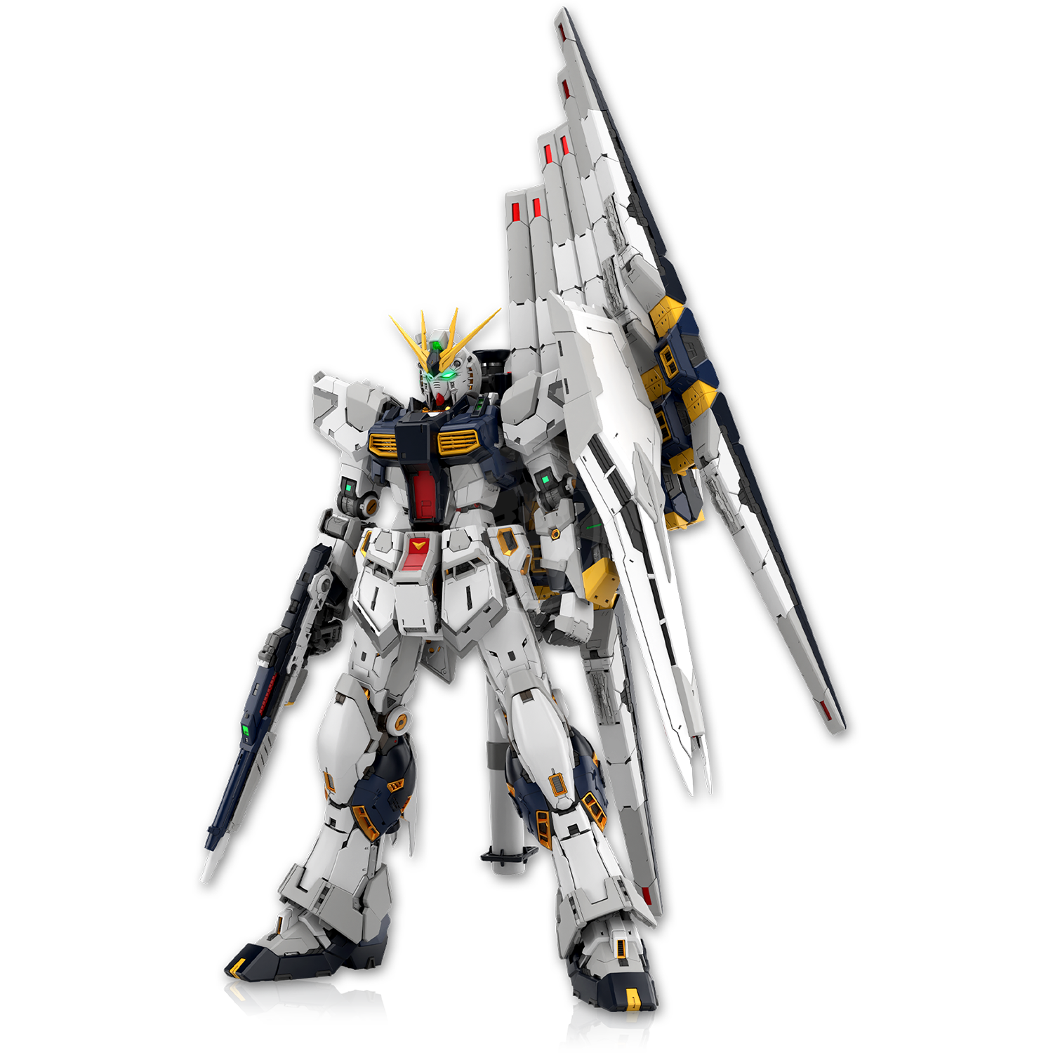 Front view of the Bandai PGU Nu Gundam model kit, showcasing its detailed design and vibrant color scheme.
