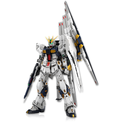 Front view of the Bandai PGU Nu Gundam model kit, showcasing its detailed design and vibrant color scheme.