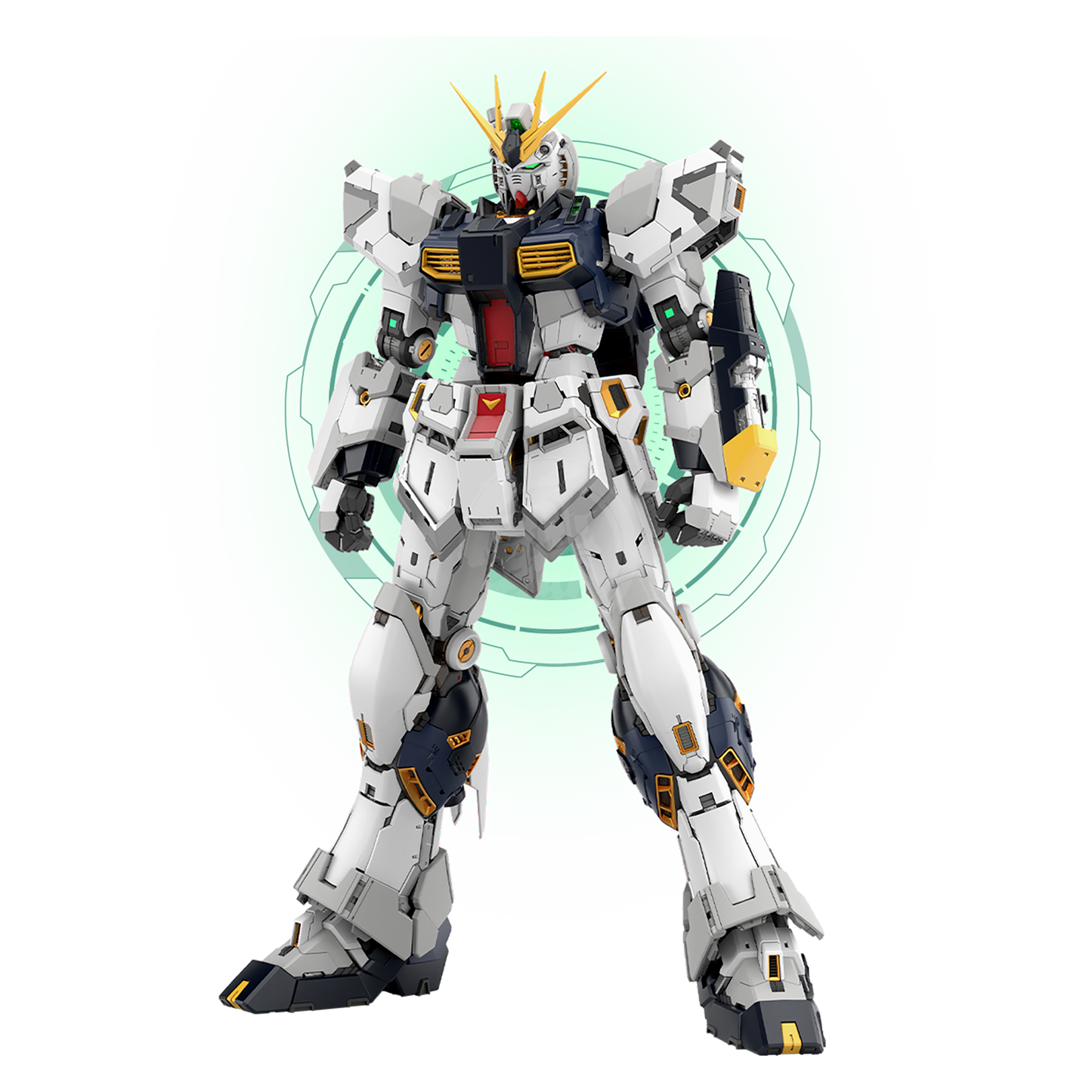 Bandai PGU Nu Gundam model kit displayed on a neutral background, showcasing detailed robot parts and assembly features.