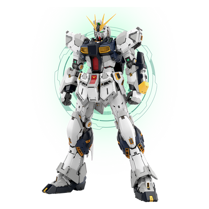 Bandai PGU Nu Gundam model kit displayed on a neutral background, showcasing detailed robot parts and assembly features.