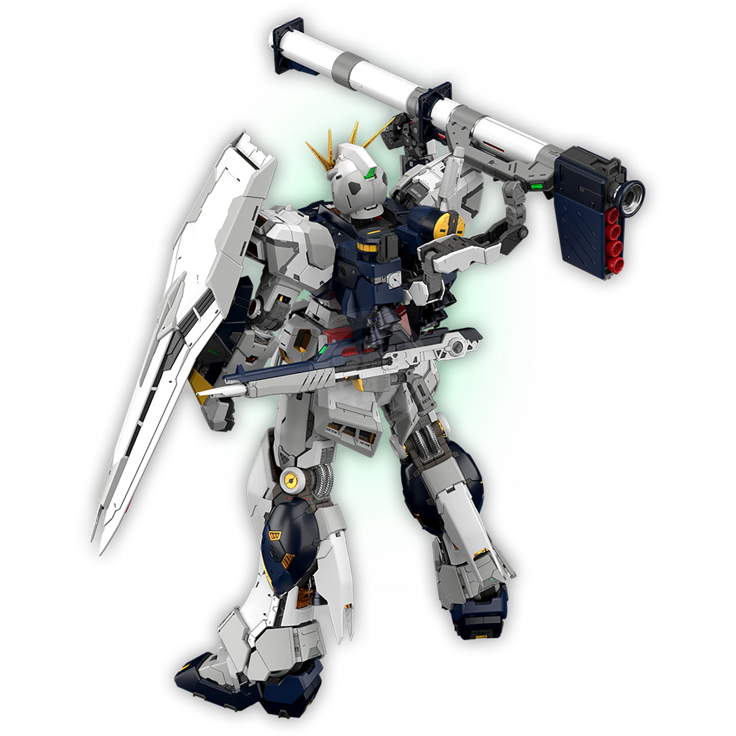 Bandai PGU Nu Gundam model kit with detailed support arms and articulation, showcasing its intricate design and build quality.