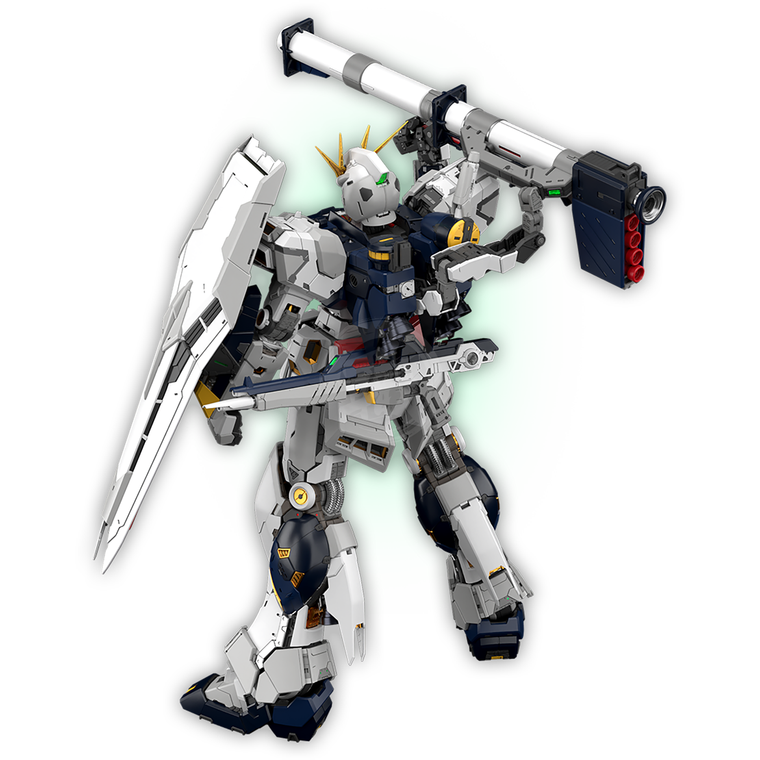 Bandai PGU Nu Gundam model kit with detailed support arms and articulation, showcasing its intricate design and build quality.