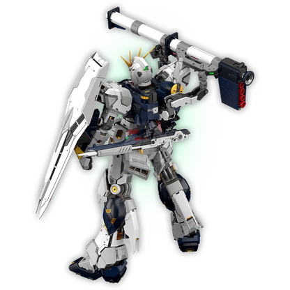 Bandai PGU Nu Gundam model kit with detailed support arms and articulation, showcasing its intricate design and build quality.