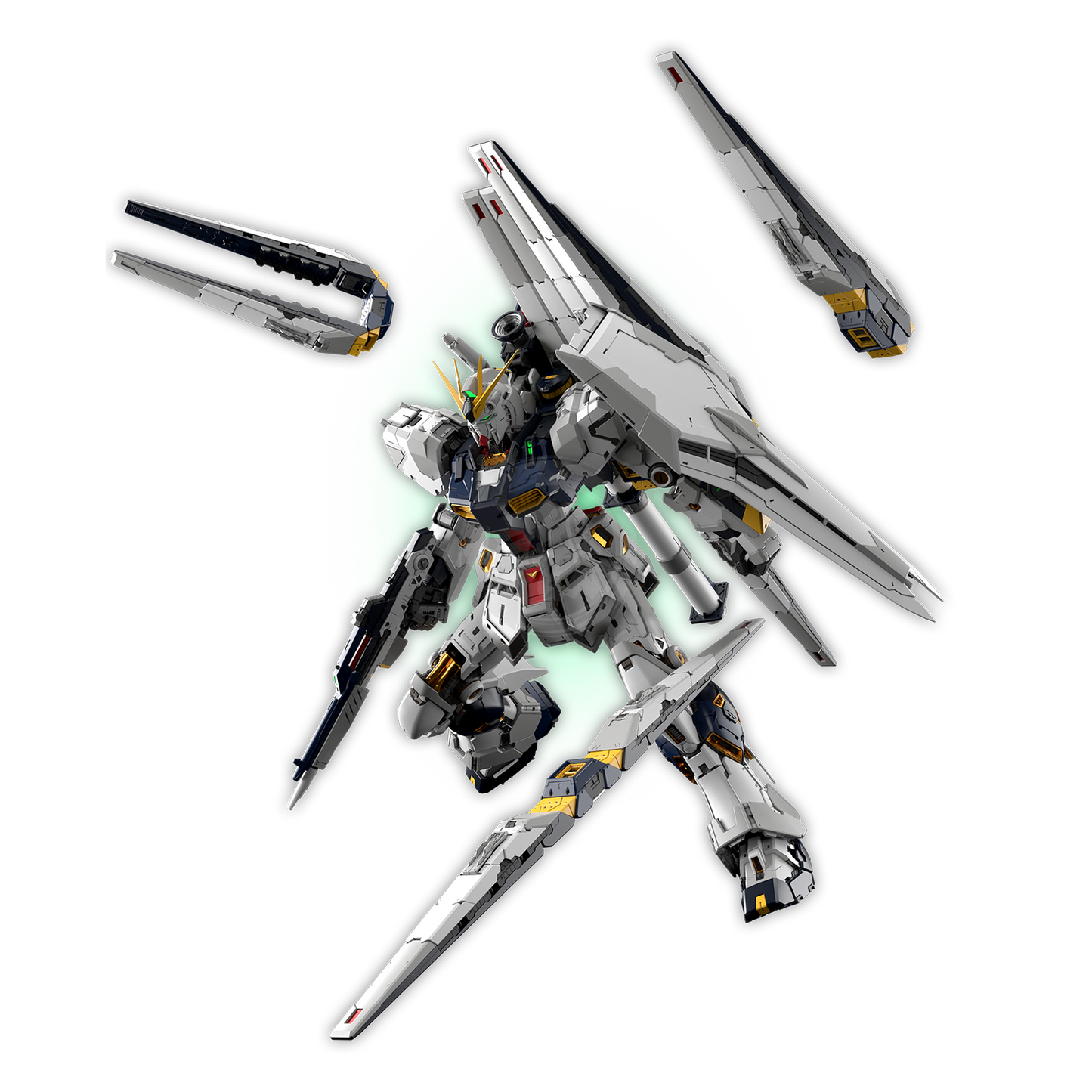 Bandai PGU Nu Gundam model kit with detailed weapons and accessories displayed against a plain background.