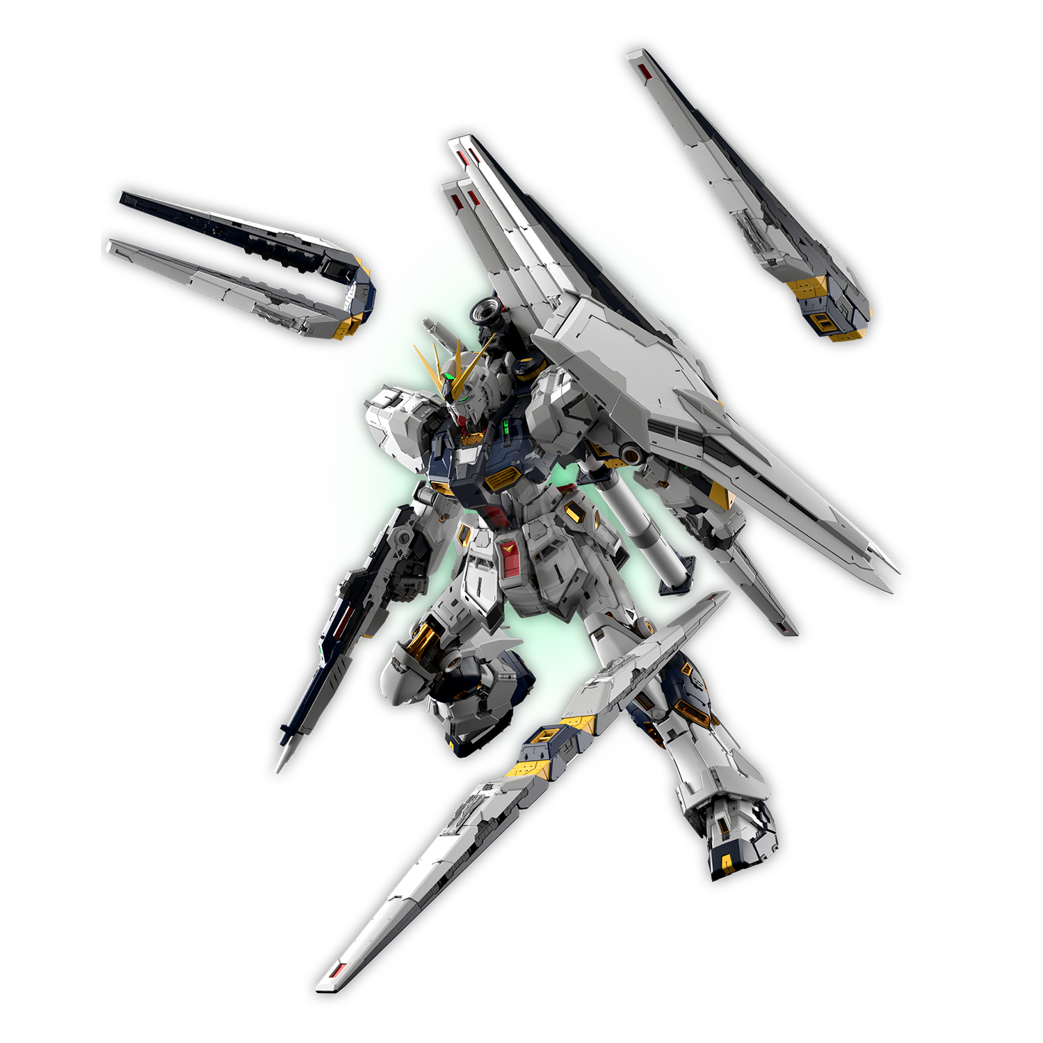 Bandai PGU Nu Gundam model kit with detailed weapons and accessories displayed against a plain background.