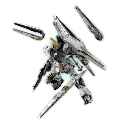 Bandai PGU Nu Gundam model kit with detailed weapons and accessories displayed against a plain background.