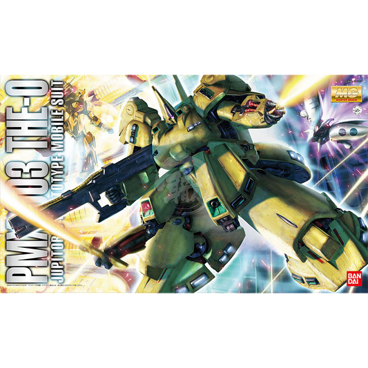 Bandai MG The-O model kit with detailed plastic parts and assembly instructions, showcasing a futuristic robot figure.