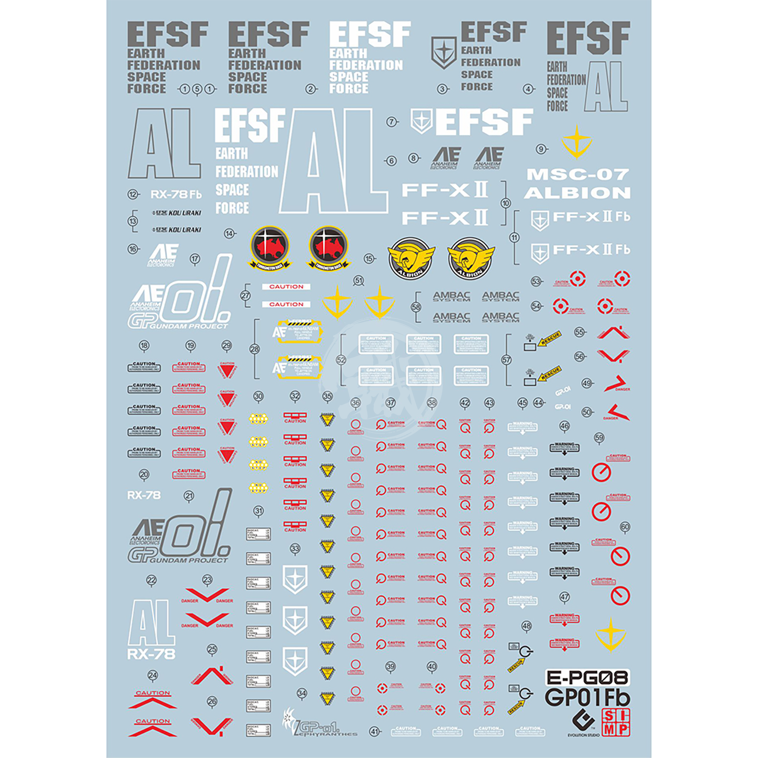 PG RX-78 Gundam GP-01/FB Waterslide Decals [Fluorescent] - ShokuninGunpla